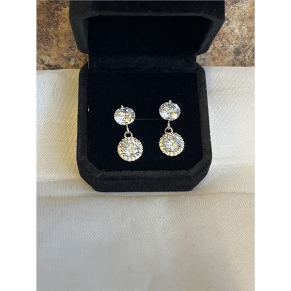 NEW S925 1.0CT + 2.0CT EACH SIMULATED DIAMOND (CZ) HALO DANGLE EARRINGS, MOUNTED IN 925 STERLING SIL