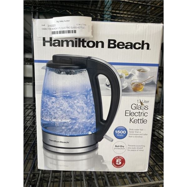 HAMILTON BEACH 1.7L ELECTRIC GLASS KETTLE - TESTED WORKING
