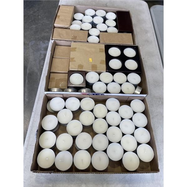 3 TRAYS OF NEW LARGE TEALIGHTS AND WOODEN TEALIGHT HOLDERS