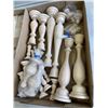 Image 2 : 3 TRAYS OF NEW WOODEN ITEMS AND WOOD WORKING PIECES, INLCUDING CANDLESTANDS AND DOOR STOPS ETC