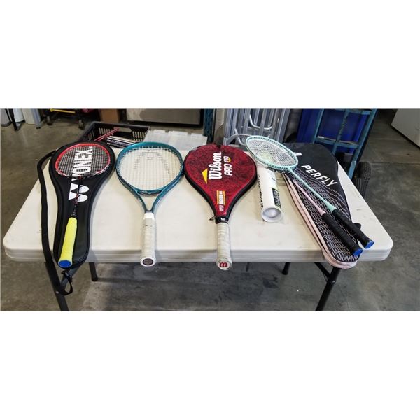 3 BADMINTON RACKETS AND 2 TENNIS RACKETS. WITH 3 SOFT CASES.