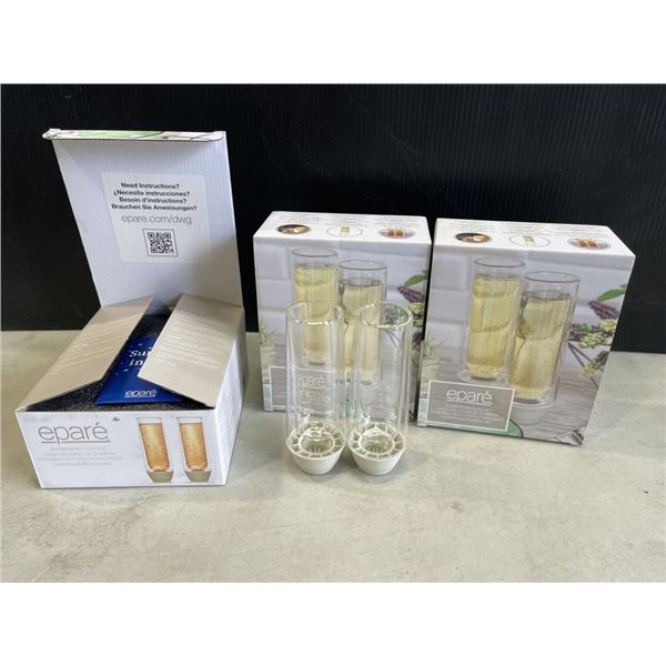 SET OF 6 NEW EPARE CHAMPAGNE FLUTE SET, DUAL WALL INSULATED GLASS RETAIL $45 EACH, 3 SETS OF 2, TOTA