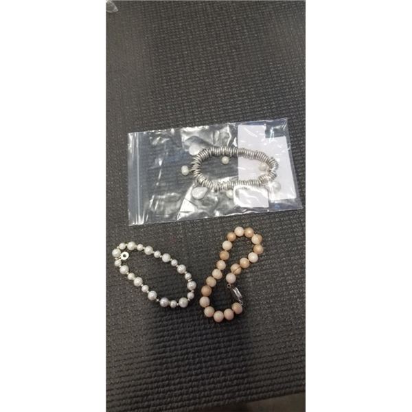 HEAVY 925 BRACELET W/ PEARLS AND 2 PEARL BRACELETS, ONE HAS STAMPED CLASP