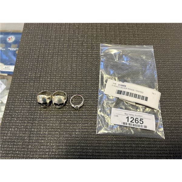 3 HEAVY SILVER RINGS, TESTED