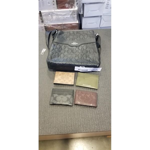 COACH LEATHER SHOULDER BAG AND 4 WALLETS. UNAUTHENTICATED