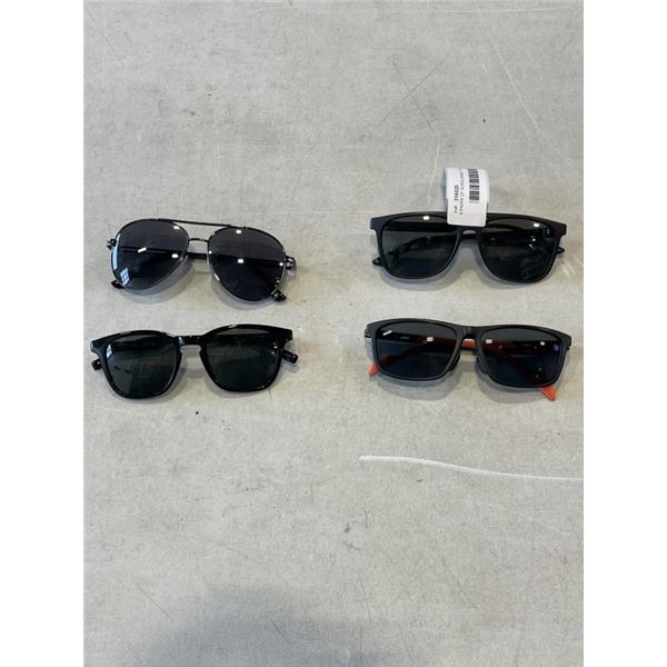 4 PAIRS OF SUNGLASSES. 1 FROM LACTOSE, 1 FROM TOMMY HILFIGER, 1 FROM ADIDAS, 1 FROM VINCENT CHASE. V