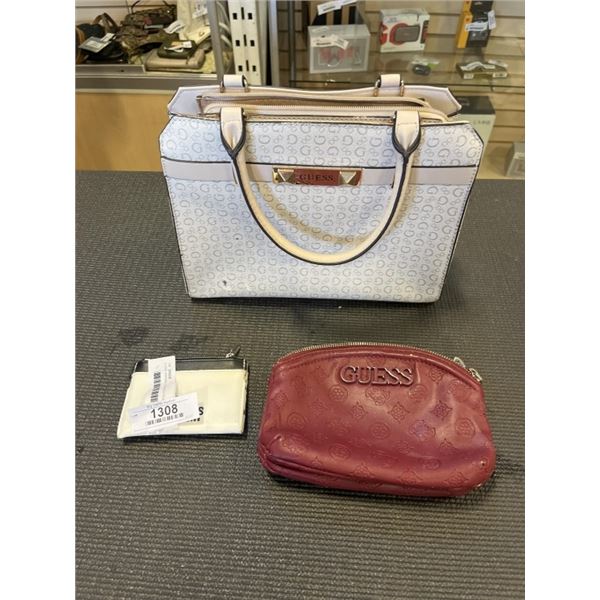 GUESS HANDBAG, ZIPPERED POUCH AND ID HOLDER. UNATHENTICATED