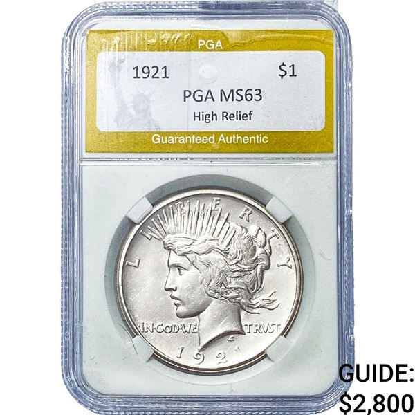 1921 Silver Peace Dollar PGA MS63 High Relief
