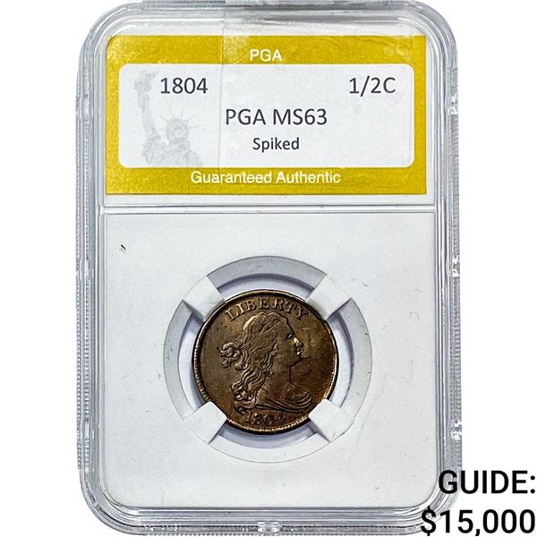 1804 Draped Bust Half Cent PGA MS63 Spiked Chin