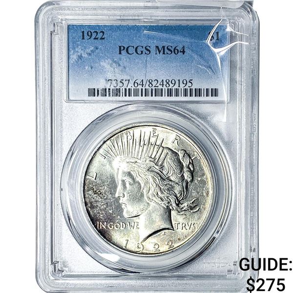 1922 Silver Peace Dollar PCGS MS64