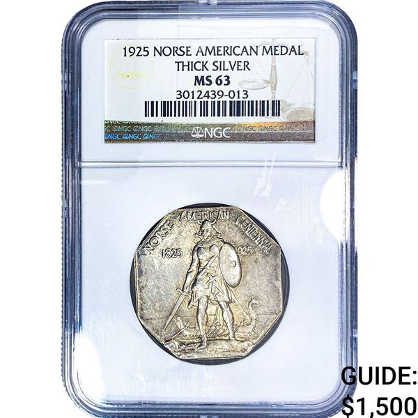 1925 Norse American Thick Silver Medal .5663oz ASW NGC MS63