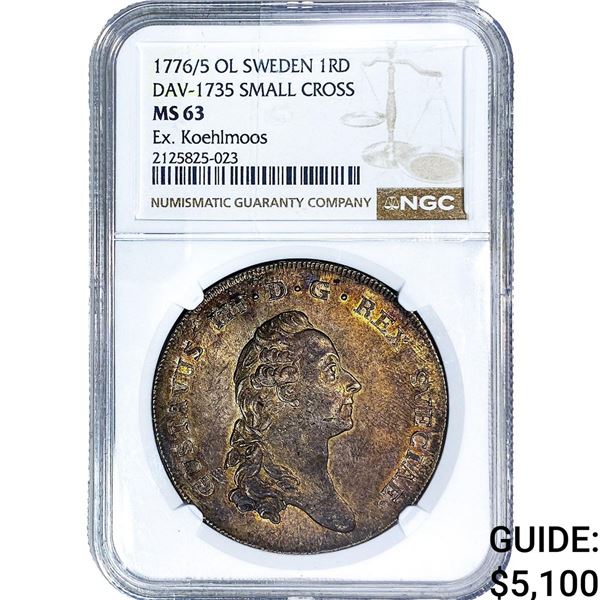 1776/5 OL Sweden Silver Riksdaler DAV-1735 Sm Cross NGC MS63