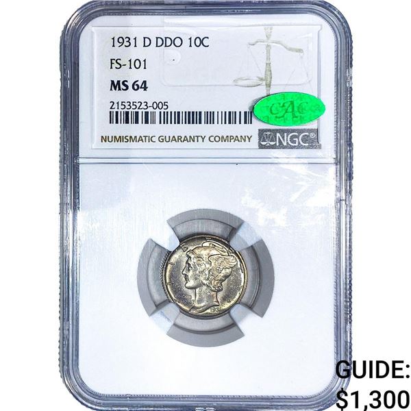 1931-D CAC Mercury Silver Dime NGC MS64 DDO FS-101