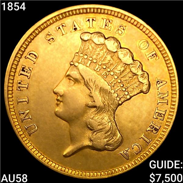 1854 $3 Gold Piece CHOICE AU
