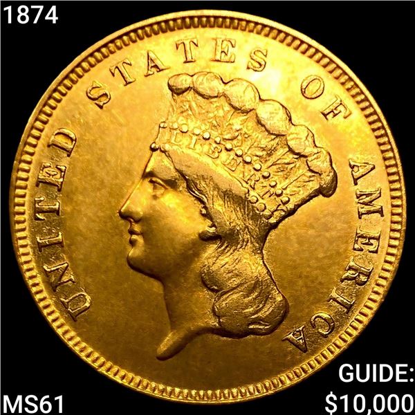1874 $3 Gold Piece UNCIRCULATED