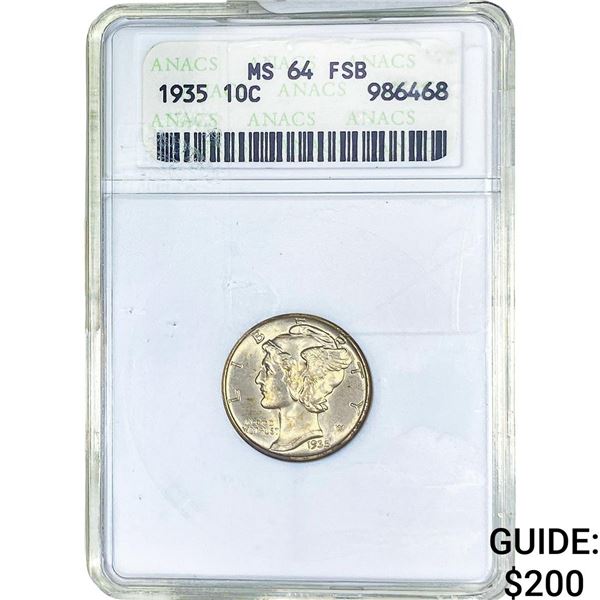 1935 Mercury Silver Dime ANACS MS64 FSB