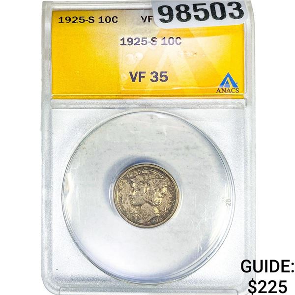 1925-S Mercury Silver Dime ANACS VF35