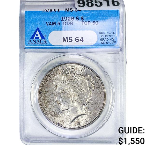 1926-S Silver Peace Dollar ANACS MS64 VAM-5