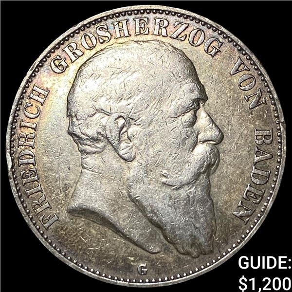 1902G German States Baden Silver 5 Mark KM-274