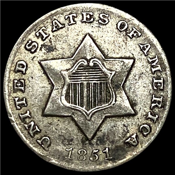 1851-O Silver Three-Cent Piece NEARLY  UNCIRCULATED