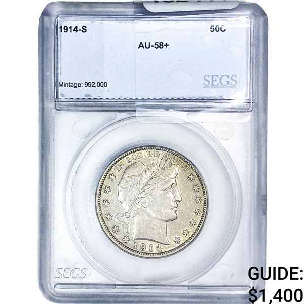 1914-S Barber Half Dollar SEGS AU58+