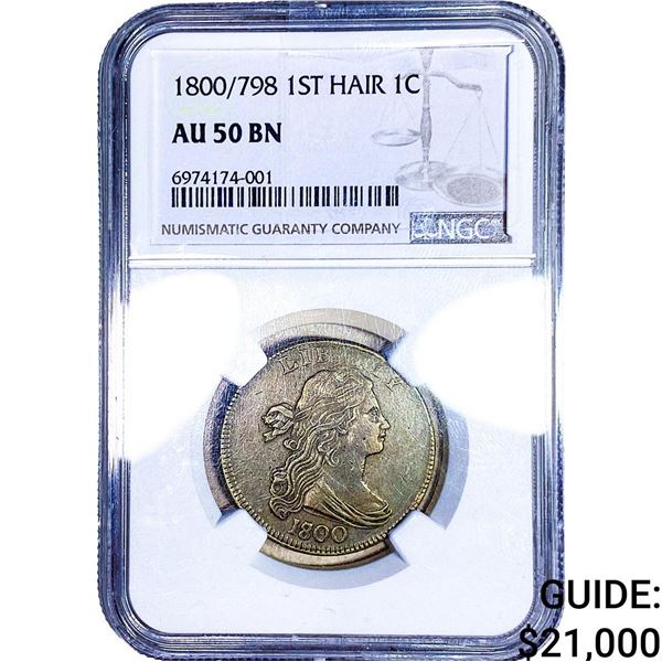 1800/798 Draped Bust Large Cent NGC AU50 BN 1st Hair