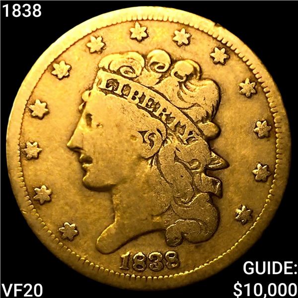1838 $5 Gold Half Eagle LIGHTLY CIRCULATED