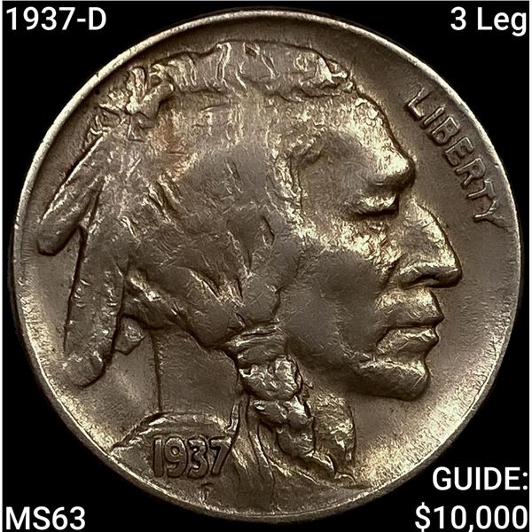1937-D 3 Leg Buffalo Nickel CHOICE BU