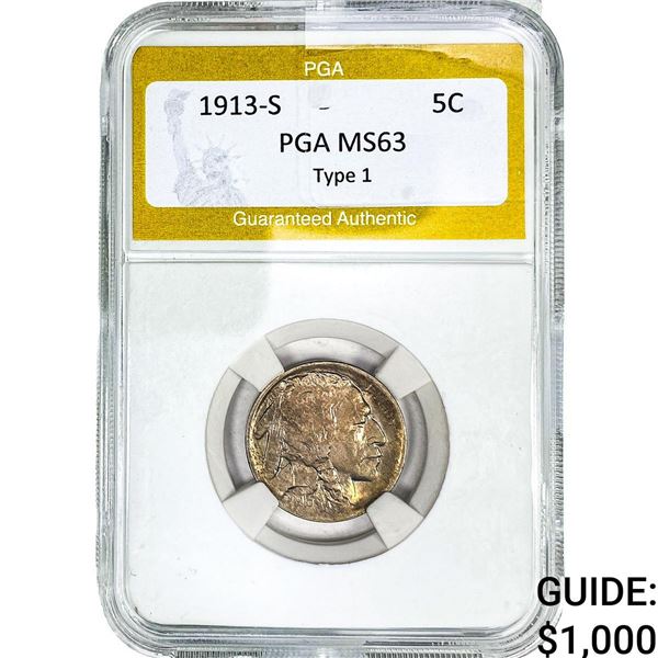 1913-S Buffalo Nickel PGA MS63 Type 1