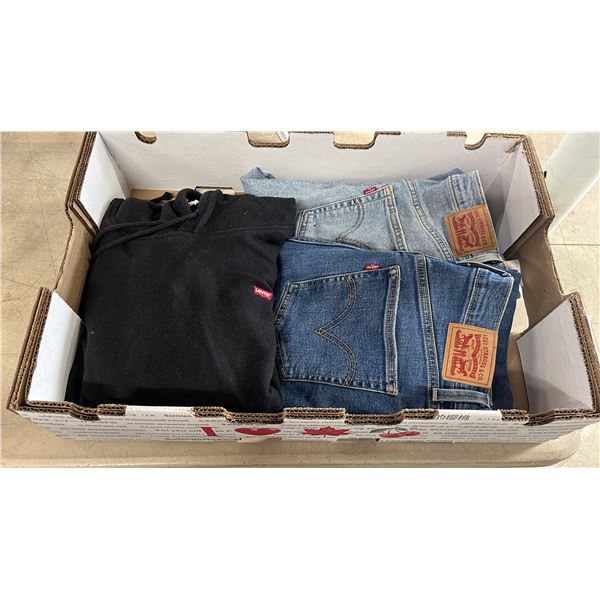 2 PAIR LEVI JEAN SIZE 30 WAIST, 1 LEVI HOODIE SIZE M. ALL LADY SIZES