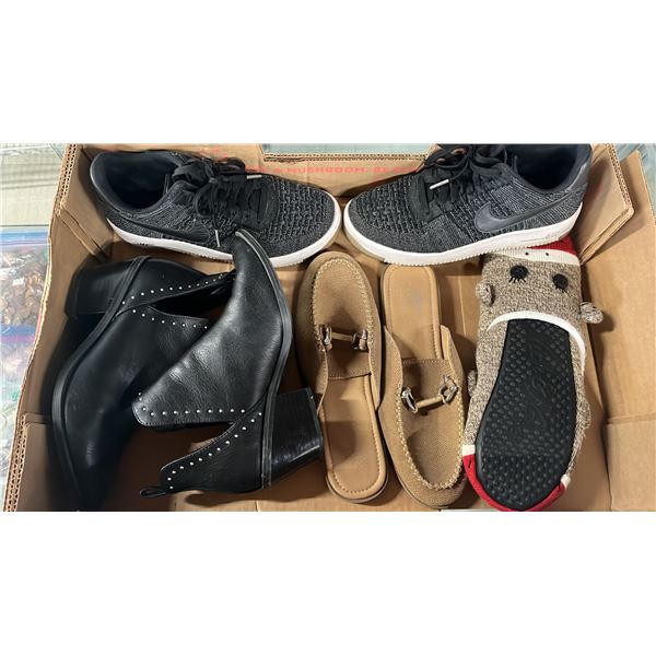 NIKE AIR FORCE SIZE 9.5, BOOTS SIZE 9, RIOMAR SLIDES SIZE 9.5. NICK & NORA MONKEY SLIPPERS SIZE 8.