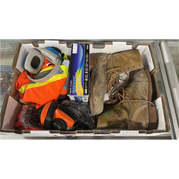 CSA WORK BOOTS SIZE 13. 2 SAFETY VESTS, 2 SETS O/H EAR MUFFS, SAFETY GLASSES, 3 PAIR GLOVES, BOX