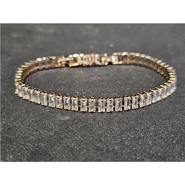 *NEW* 18K GOLD PLATED 5MM EMERALD CUT SIMULATED DIAMOND (CAZ TENNIS BRACELET: ADJ. 6.75  - 7.5  LONG