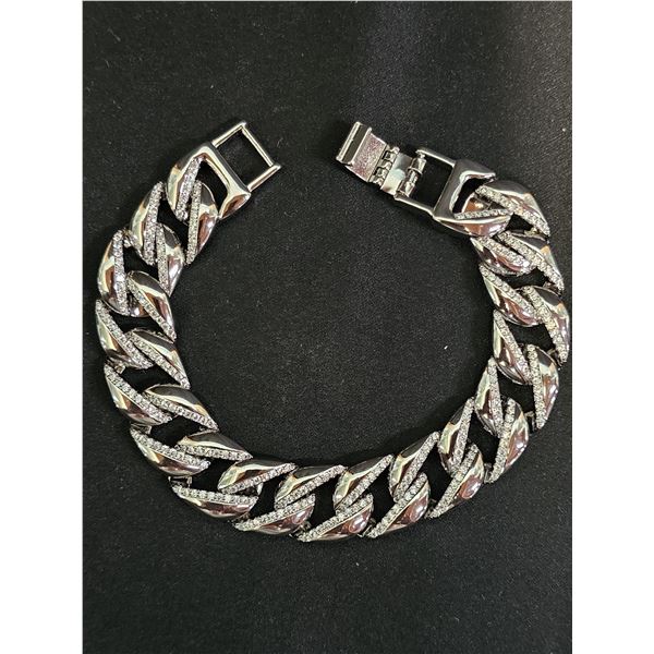 *NEW* PLATINUM PLATED 14MM SIMULATED DIAMOND (CZ) ICED OUT CUBAN LINK BRACELET: 8  LONG