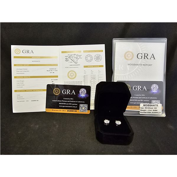 *NEW* PLATINUM PLATAED 2CT EACH MOISSANITE LAB DIAMOND STUD EARRINGS: D, VVS1 GRA REPORT