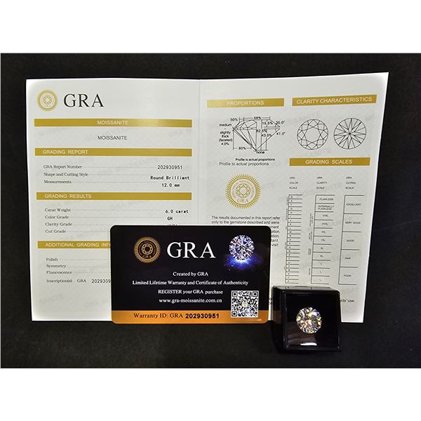 *NEW* 6CT ROUND BRILLIANT CUT MOISSANITE LAB DIAMOND: GH, VVS1, GRA REPORT