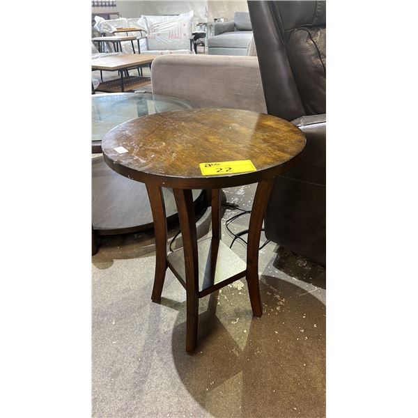 ROUND 2-TIER WOOD END TABLE 19" (SOME COSMETIC DAMAGE)