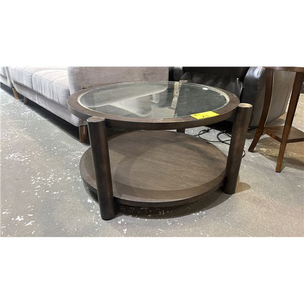 2-TIER ROUND IN-LAID GLASS TOP WOOD COFFEE TABLE 33.5" (SOME COSMETIC DAMAGE)
