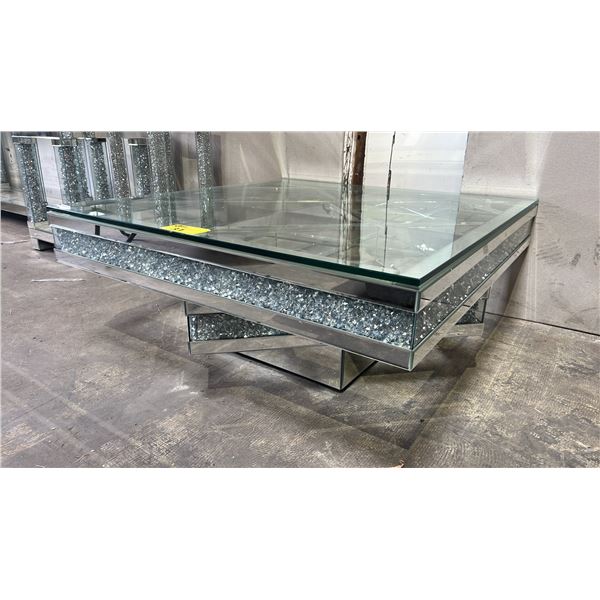 MODERN GLASS TOP GLAM MIRRORED COFFEE TABLE WITH CRUSHED DIAMOND ACCENTS 39.5" X 39.5" X 16"