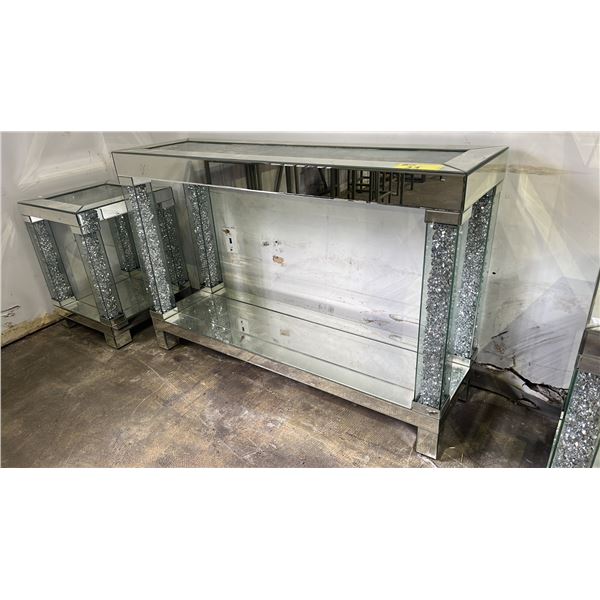 MODERN INLAID GLASS TOP GLAM MIRRORED HALL TABLE WITH CRUSHED DIAMOND ACCENTS 47.5" X 14" X 32"