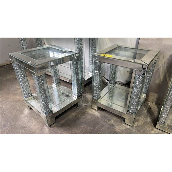PAIR OF MODERN IN-LAID GLASS TOP GLAM MIRRORED END TABLES WITH CRUSHED DIAMOND ACCENTS 17.5" X