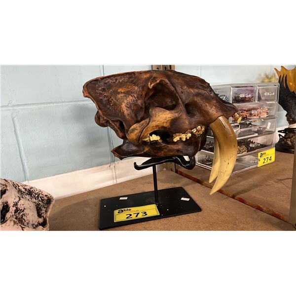 REPLICA RESIN SABRETOOTH TIGER SKULL WITH STAND