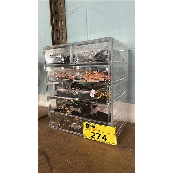 ACRYLIC JEWELRY BOX WITH ASSORTED FASHION HAIR ACCESSORIES & JEWELRY