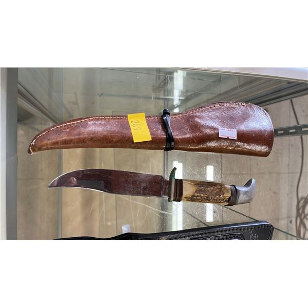 UNDER TRAVELLER STAG HANDLE KNIFE WITH LEATHER SHEATH