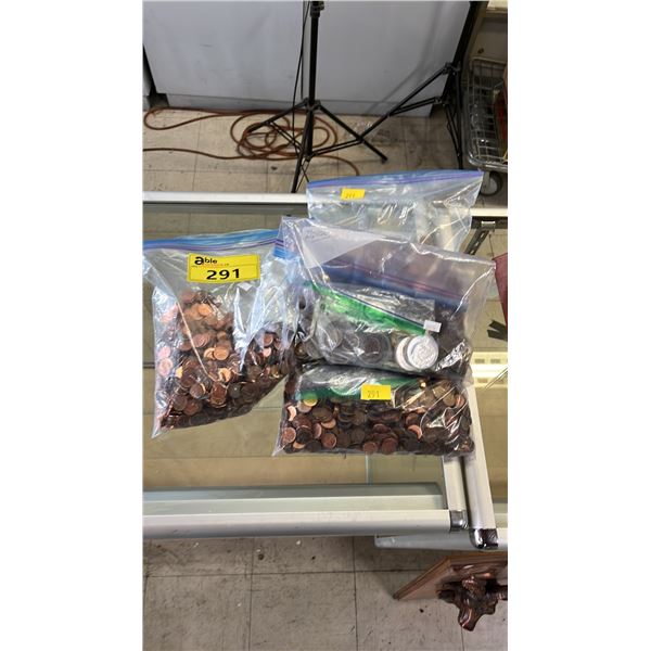 (4) BAGS OF ASSORTED PENNIES, WORLD COINS & TOKENS