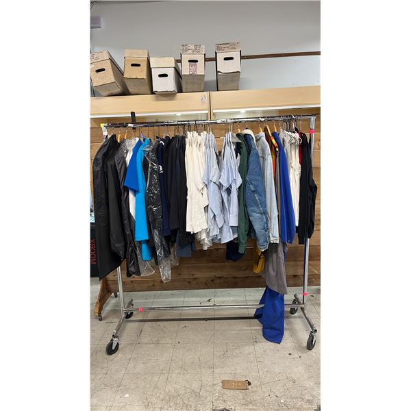RACK OF ASSORTED CLOTHING: MOSTLY WORK CLOTHING *RACK NOT INCLUDED*