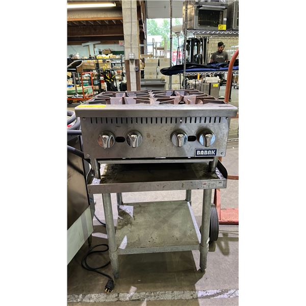 BABAK 4-BURNER GAS HOT PLATE ON A STAINLESS STEEL MOBILE CART