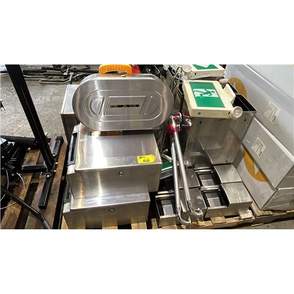 PALLET OF ASSORTED ITEMS INCLUDING; GARBAGE BINS, TOWEL DISPENSERS, TOILET PAPER HOLDERS AND MORE