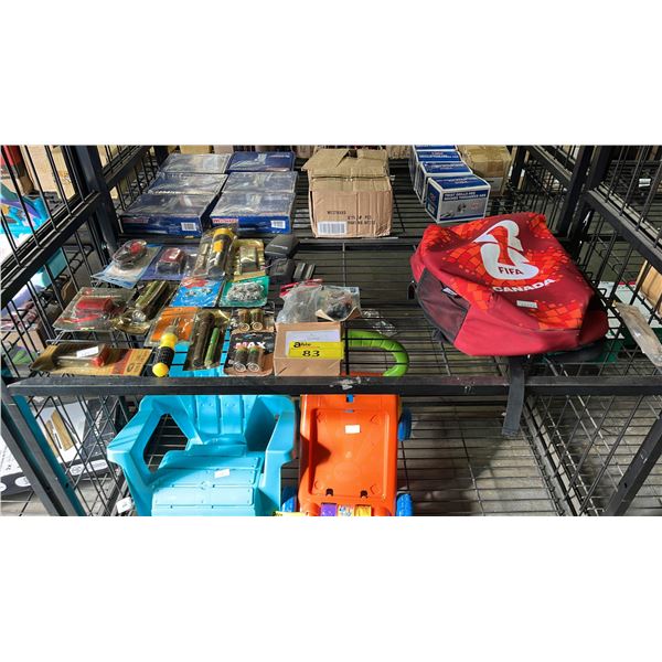 SHELF OF ASSORTED ITEMS INCLUDING SAFETY FLASHER LIGHT, FLASH LIGHTS, BACKPACK AND MORE