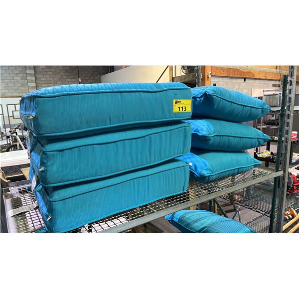 (3) BLUE SEAT CUSHIONS & (3) BLUE BACK/THROW CUSHIONS